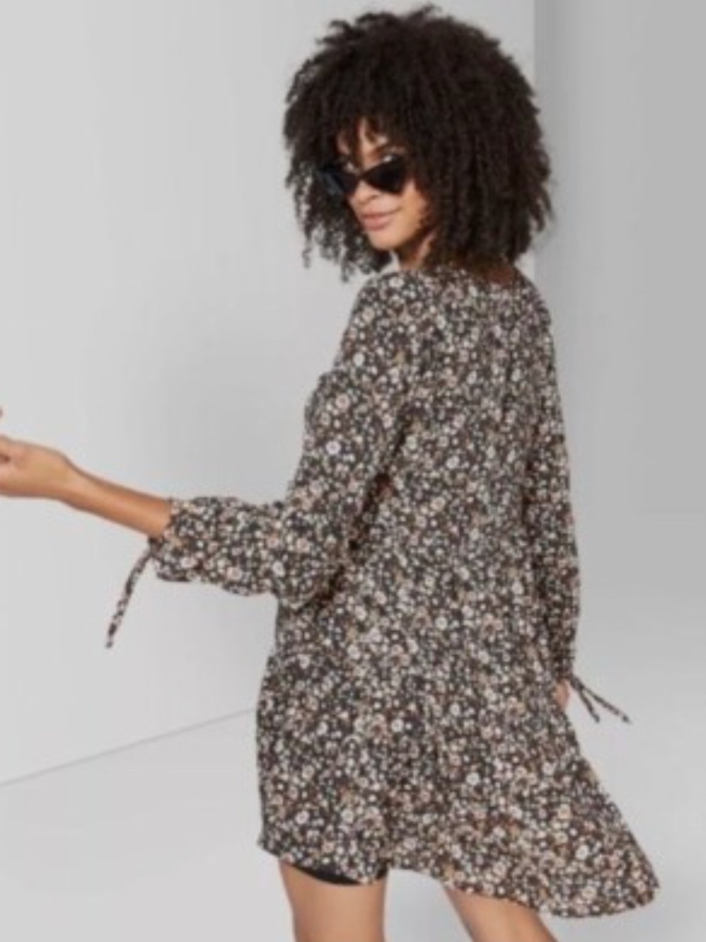 Wild Fable Black Floral Tie-Sleeve Tiered Boho Mini Dress Size-Large Soft Boho